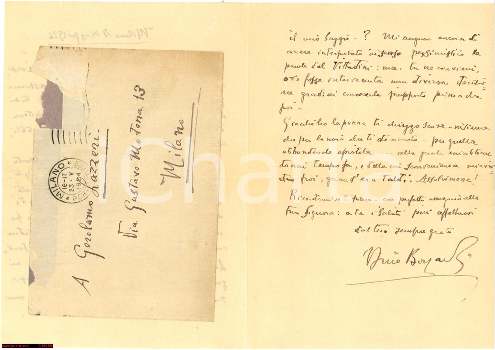 Autografo originale 1924 MILANO Lettera Dino BONARDI  Saggio per CORBACCIO  Autografo 1