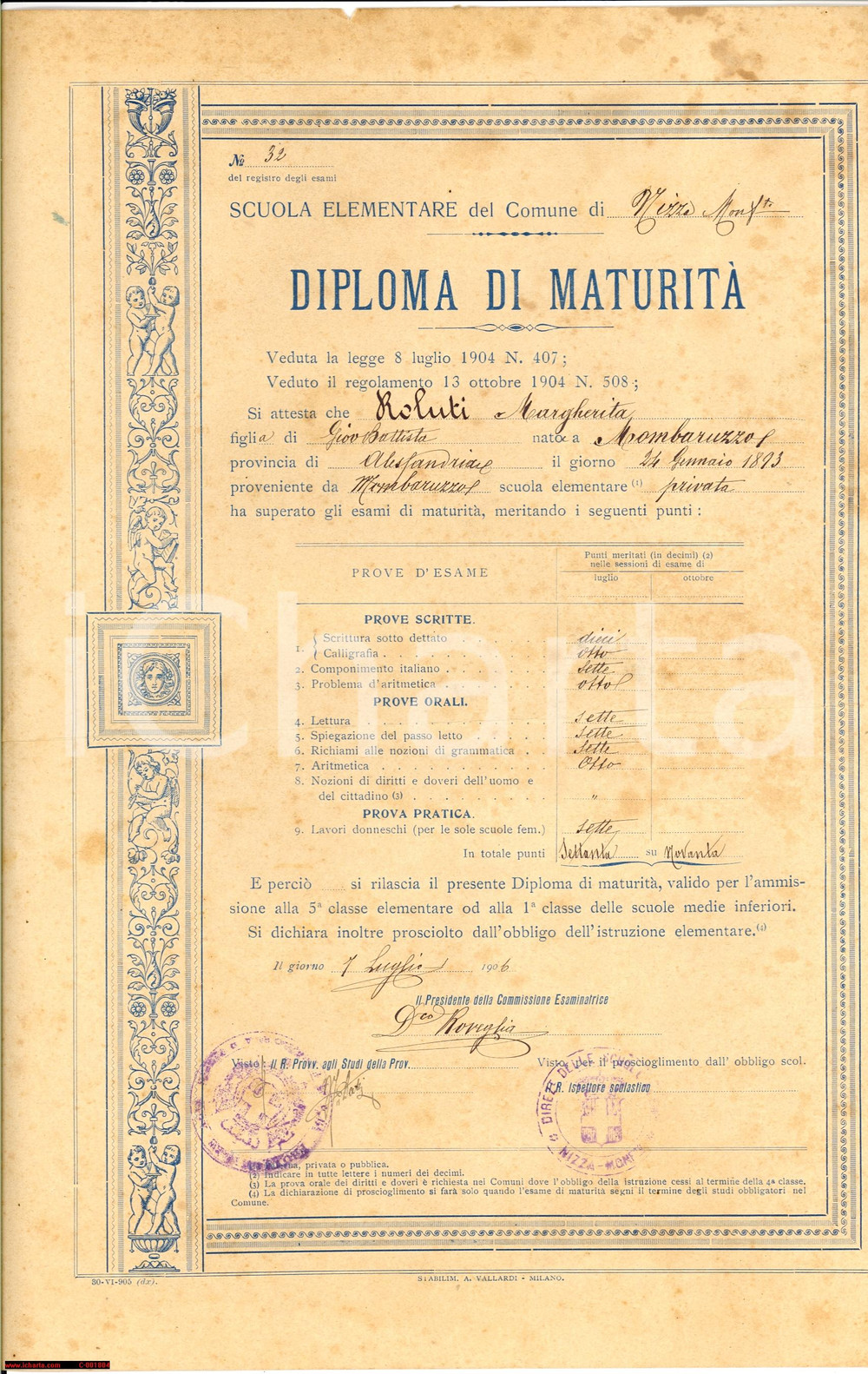 Oggetto da collezione cartaceo 1906 NIZZA MONFERRATO AL Diploma Scuola elementare 1