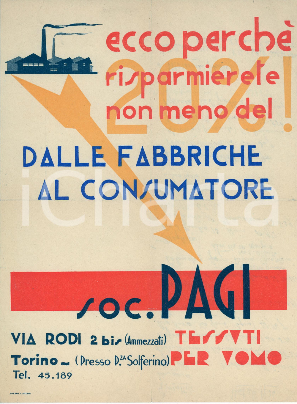 Materiale pubblicitario d’epoca 1935 TORINO PAGI TESSUTI UOMO Dalle fabbriche al consumatore *Volantino 1