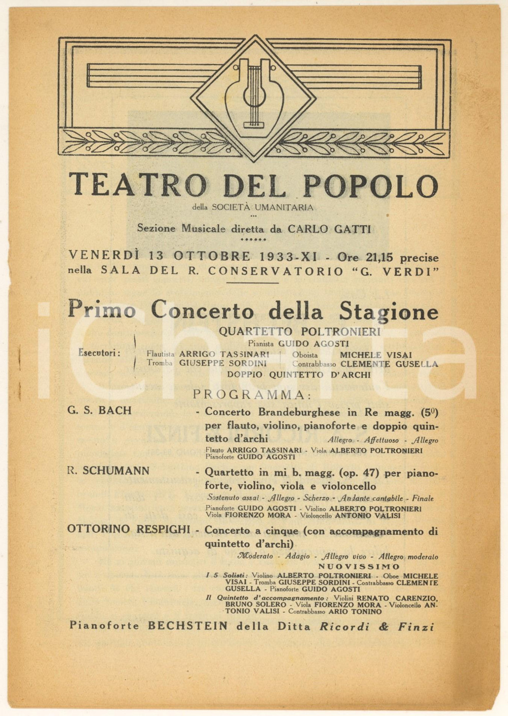 Materiale pubblicitario d’epoca 1933 MILANO Primo concerto stagione Quartetto POLTRONIERI Teatro del Popolo 1