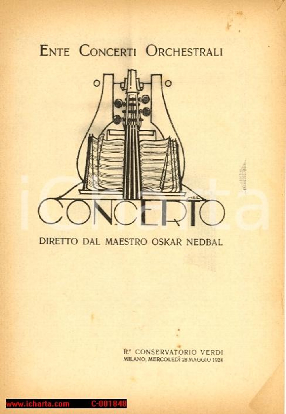 Materiale pubblicitario d’epoca 1926 MILANO Conservatorio VERDI maestro Oskar NEDBAL Ente Concerti Orchestrali 1