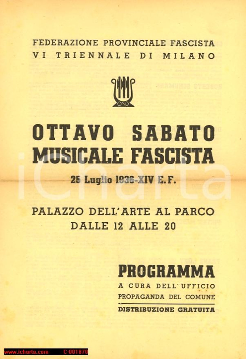 Materiale pubblicitario d’epoca 1936 MILANO Leopoldo CASELLA - Ottavo Sabato Musicale Fascista OND *Programma 1