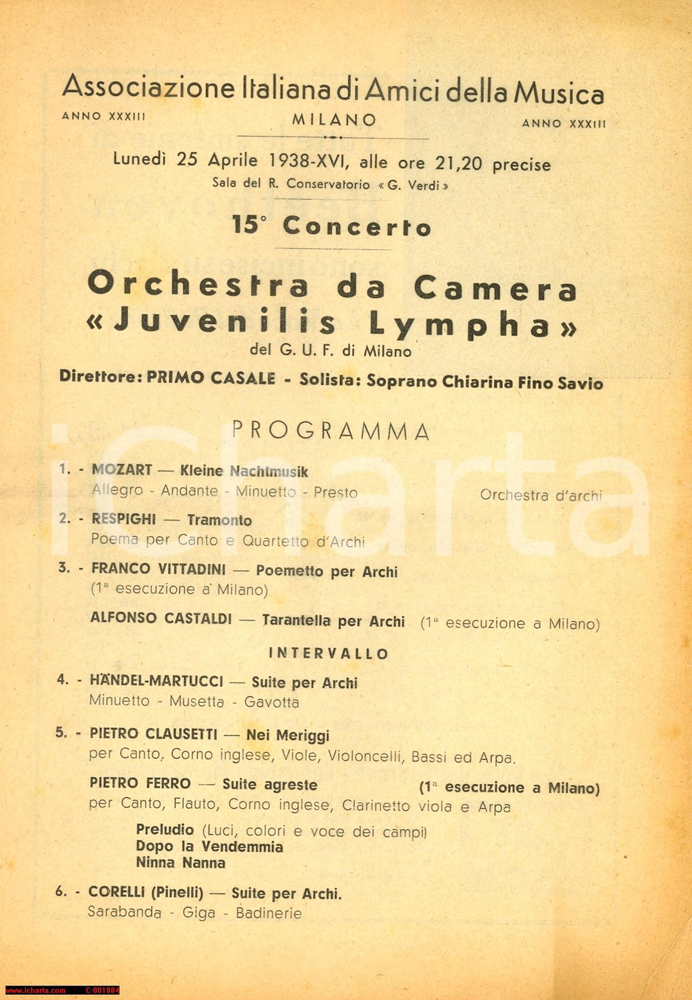 Materiale pubblicitario d’epoca 1938 MILANO Concerto JUVENILIS LYMPHA Soprano Chiarina FINO SAVIO Programma 1