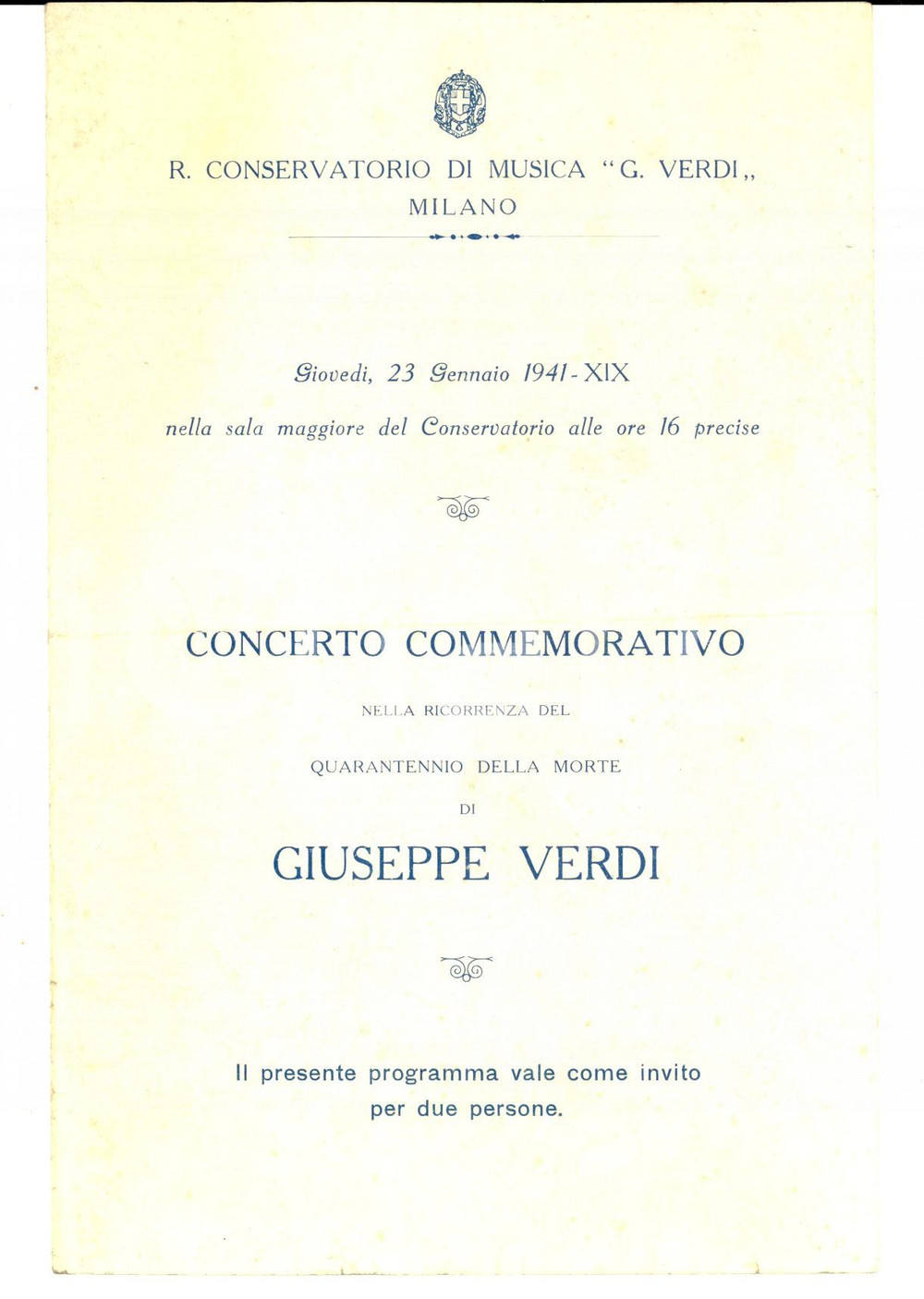 Materiale pubblicitario d’epoca 1941 MILANO Conservatorio VERDI Concerto per quarantennio morte Giuseppe VERDI 1