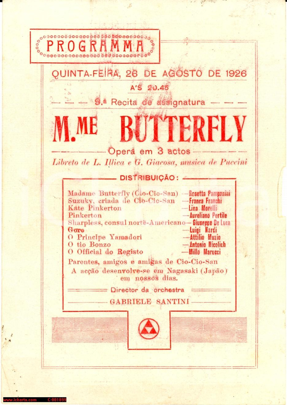 Materiale pubblicitario d’epoca 1926 RIO DE JANEIRO Compagnia Lirica OTTAVIO SCOTTO *Volantino Madame Butterfly 1