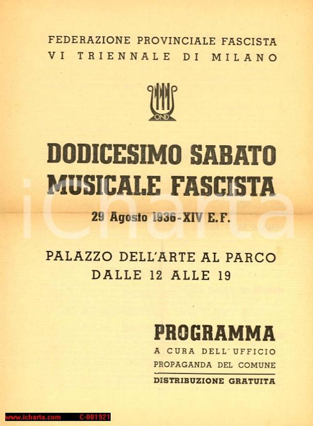 Materiale pubblicitario d’epoca 1936 MILANO Maestro Antonino VOTTO XII Sabato Musicale Fascista *Programma 1