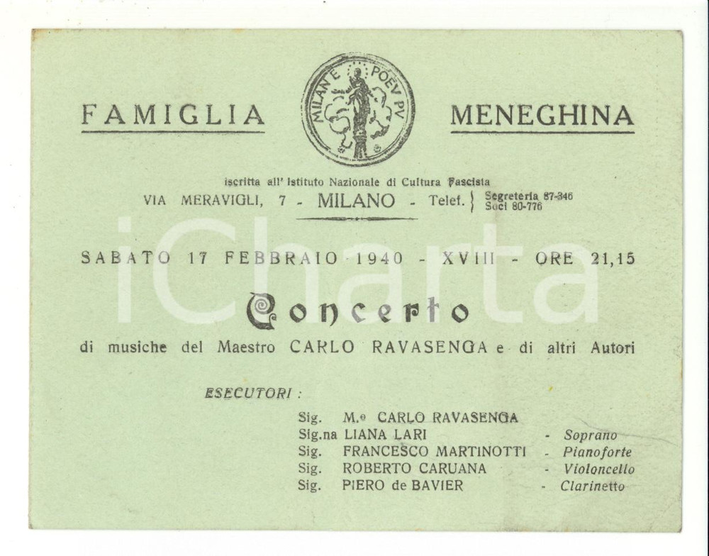 Materiale pubblicitario d’epoca 1940 MILANO FAMIGLIA MENEGHINA Concerto Carlo Ravasenga - Biglietto 1