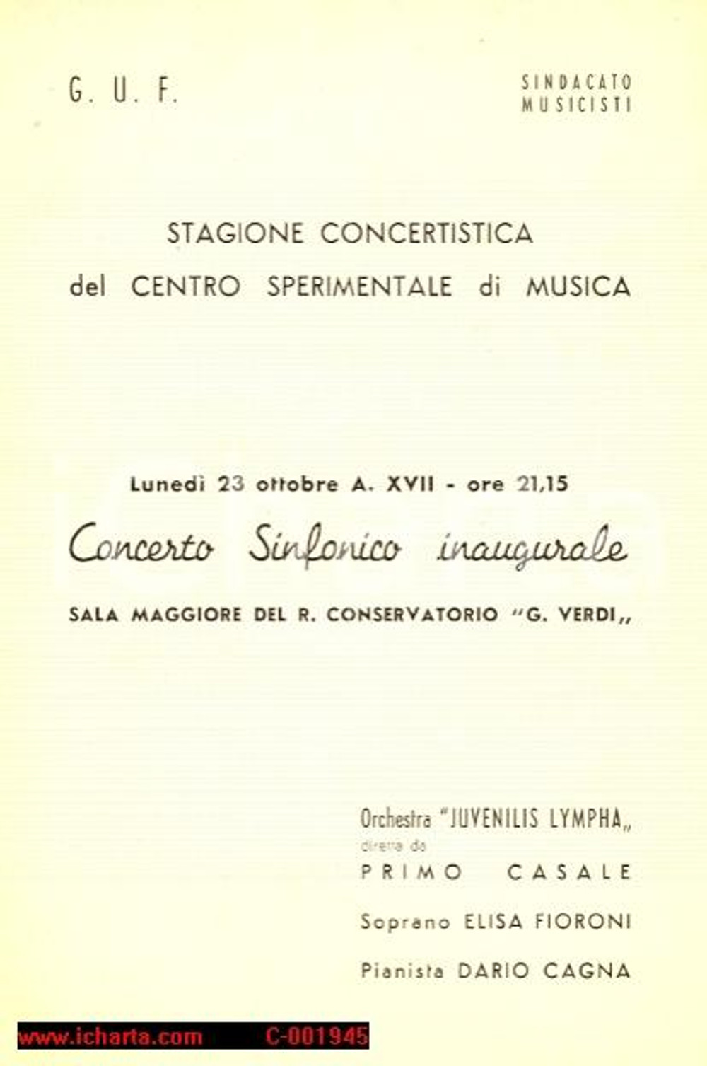 Materiale pubblicitario d’epoca 1939 MILANO Conservatorio VERDI Concerto JUVENILIS LYMPHA con Elisa FIORONI 1