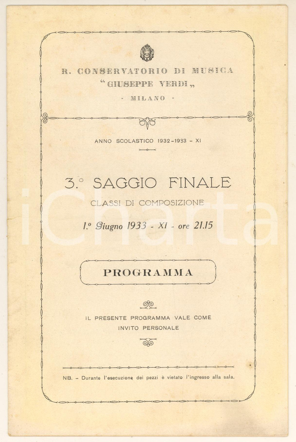 Documento originale, autentico 1933 MILANO Conservatorio Giuseppe VERDI Programma del terzo saggio finale 1