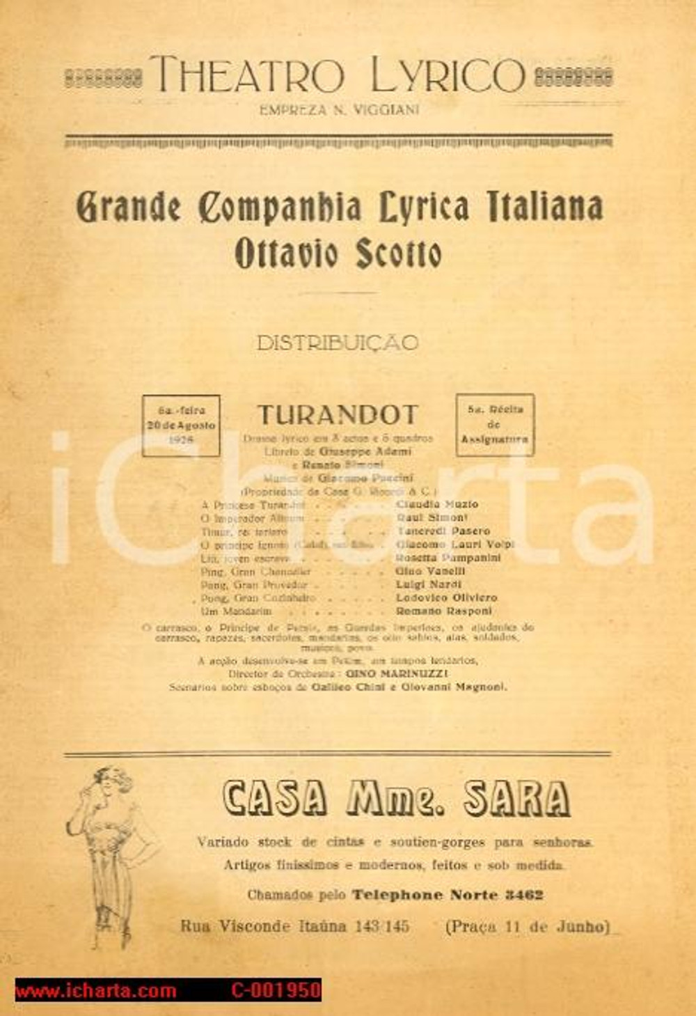 Materiale pubblicitario d’epoca 1926 RIO DE JANEIRO Compagnia Lirica OTTAVIO SCOTTO *Volantino Turandot 1