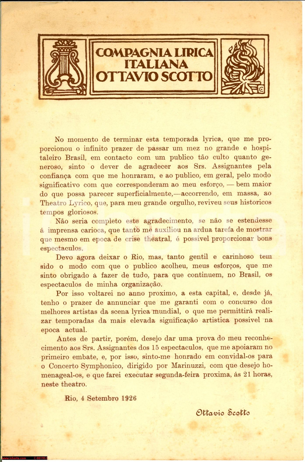 Materiale pubblicitario d’epoca 1926 RIO DE JANEIRO Compagnia Lirica OTTAVIO SCOTTO *Pieghevole 1