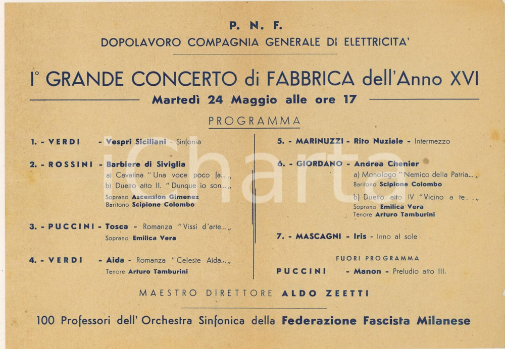 Materiale pubblicitario d’epoca 1938 MILANO Compagnia Generale di Elettricità  Concerto di fabbrica Aldo ZEETTI 1