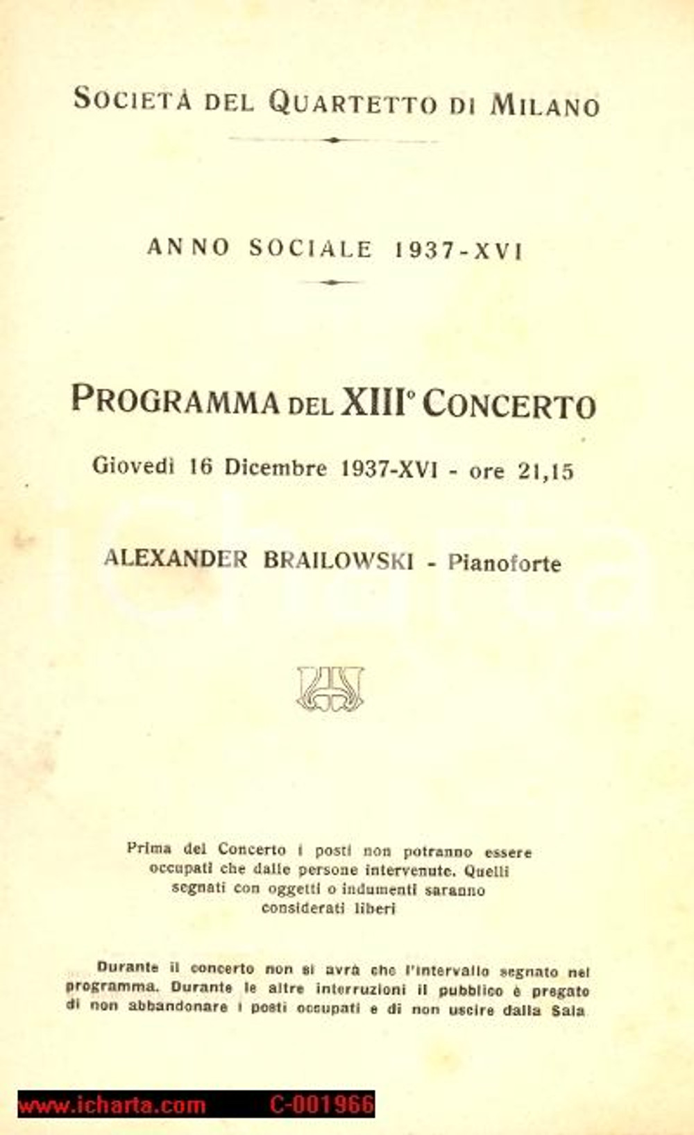 Materiale pubblicitario d’epoca 1937 MILANO SocietÃ  del Quartetto - Pianista Alexander BRAILOWSKI *Programma 1