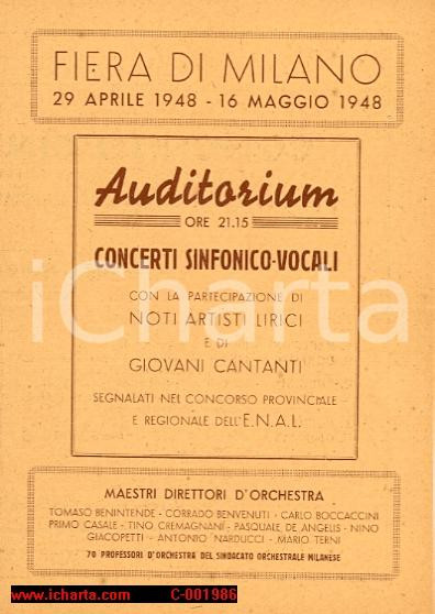 Materiale pubblicitario d’epoca 1948 MILANO FIERA AUDITORIUM Concerto sinfonico vocale Pasquale DE ANGELIS 1