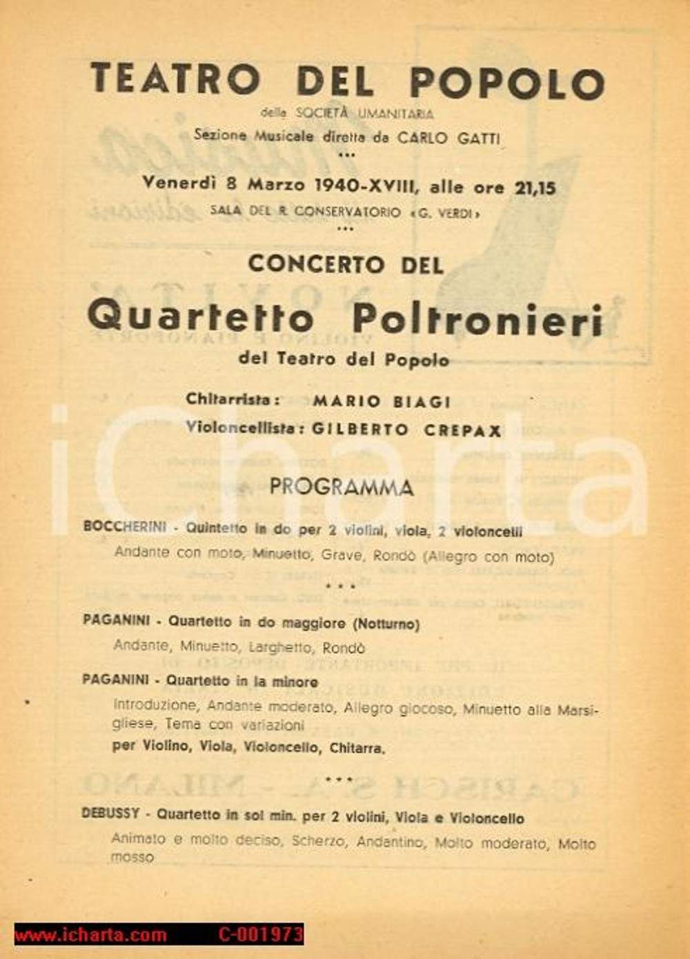 Materiale pubblicitario d’epoca 1940 MILANO Teatro del Popolo Concerto QUARTETTO POLTRONIERI con Gilberto CREPAX 1
