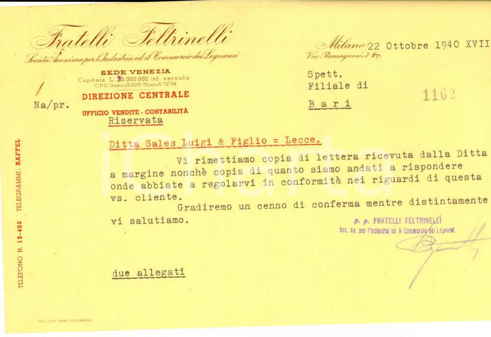 Documento originale, autentico 1940 MILANO Fratelli FELTRINELLI Commercio dei legnami *Lettera commerciale 1