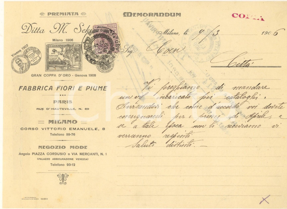 Documento originale, autentico 1906 MILANO Ditta M. SEKULES Fabbrica Fiori e Piume  Memorandum 1