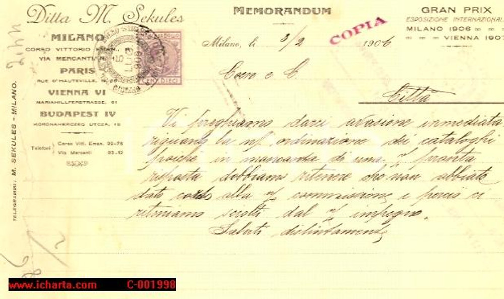 Documento originale, autentico 1906 MILANO Corso Vittorio Emanuele  Ditta M. SEKULES Memorandum DANNEGGIATO 1