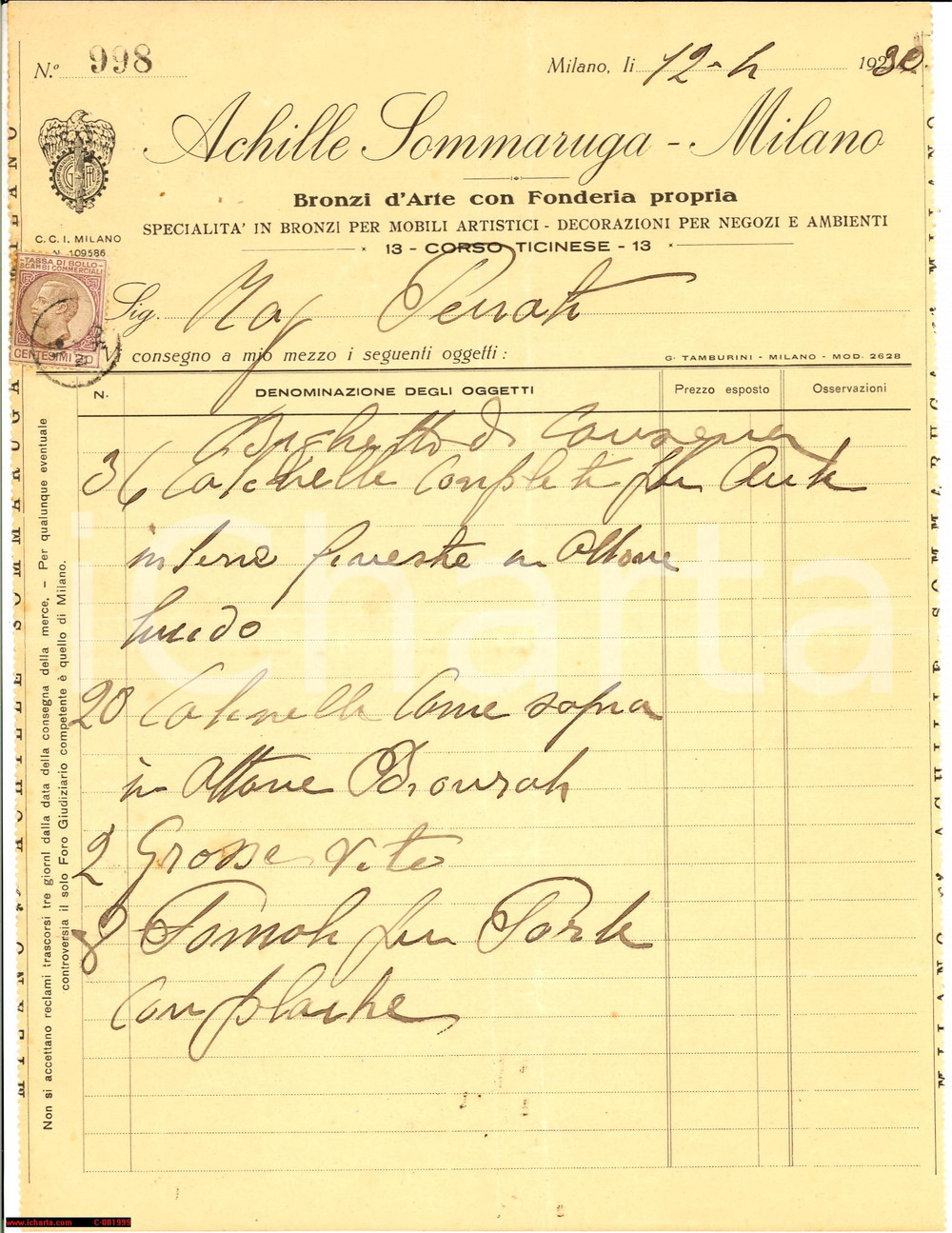Documento originale, autentico 1930 MILANO Corso TICINESE Achille SOMMARUGA Bronzi d arte e fonderia  Fattura 1