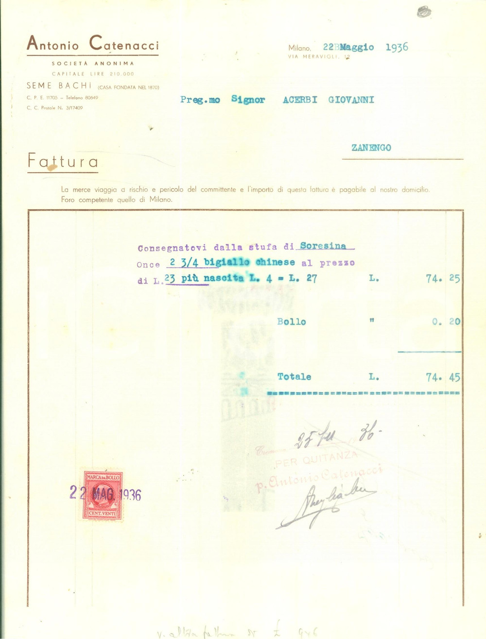 Documento originale, autentico 1936 MILANO Antonio CATENACCI Società anonima Seme bachi Fattura dattiloscritta 1