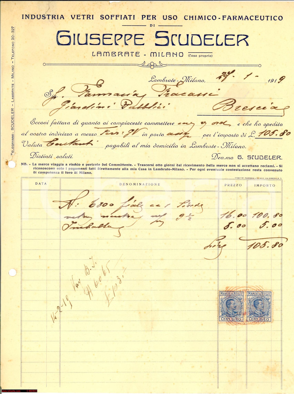 Documento originale, autentico 1919 MILANO LAMBRATE Vetri soffiati Giuseppe SCUDELER  Fattura 1