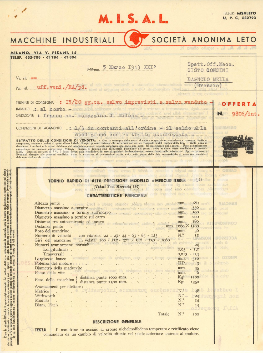 Documento originale, autentico 1943 MILANO Ditta MISAL Offerta per tornio rapido modello MERCUR 180 1