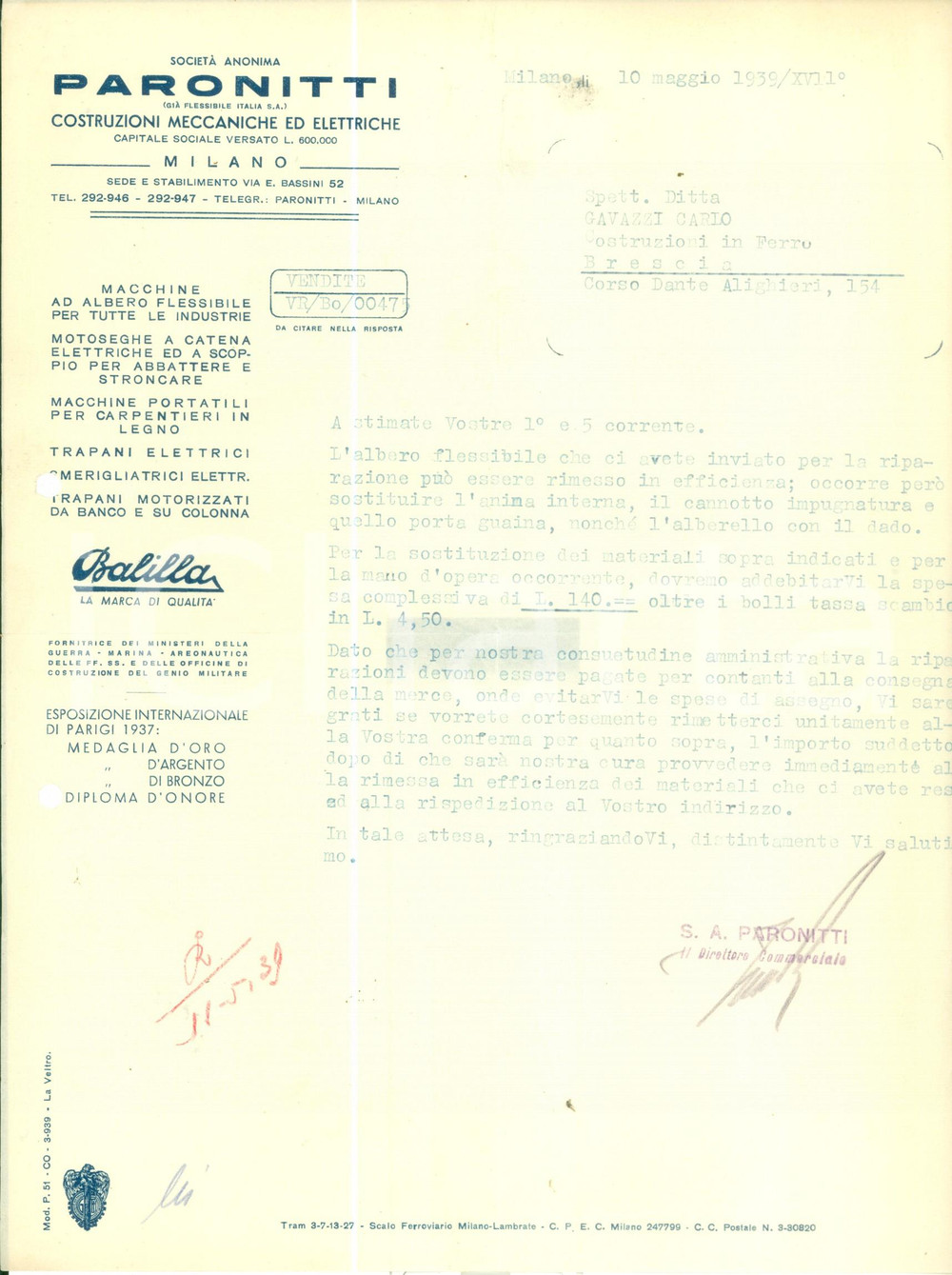 Documento originale, autentico 1939 MILANO Costruzioni meccaniche ed elettriche PARONITTI *Lettera commerciale 1