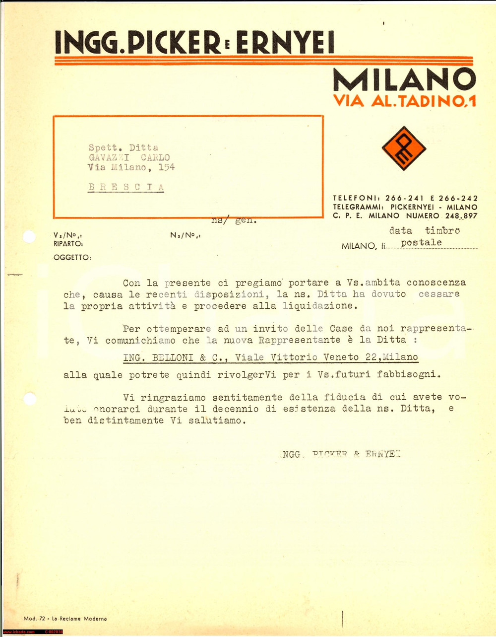 Documento originale, autentico 1930 ca MILANO Liquidazione ditta ing. PICKER e ERNYEI  Lettera 1