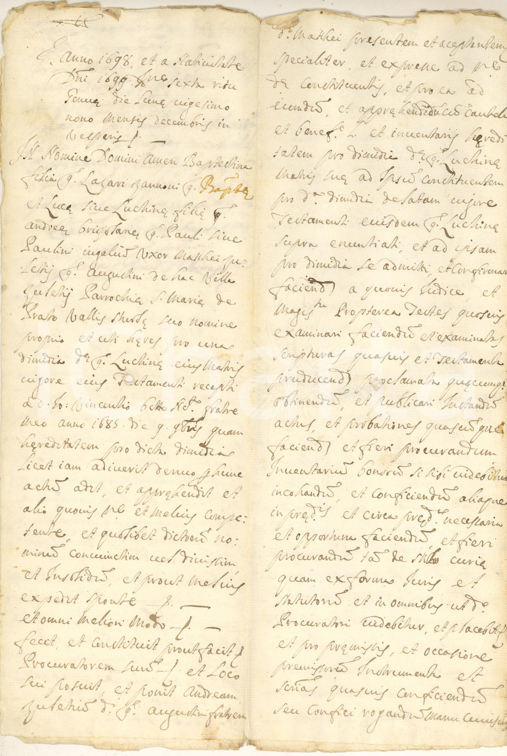 Documento originale, autentico 1698 VALLE STURLA Procura di Battistina ZANONE ad Andrea ZOLEZZI Manoscritto 1