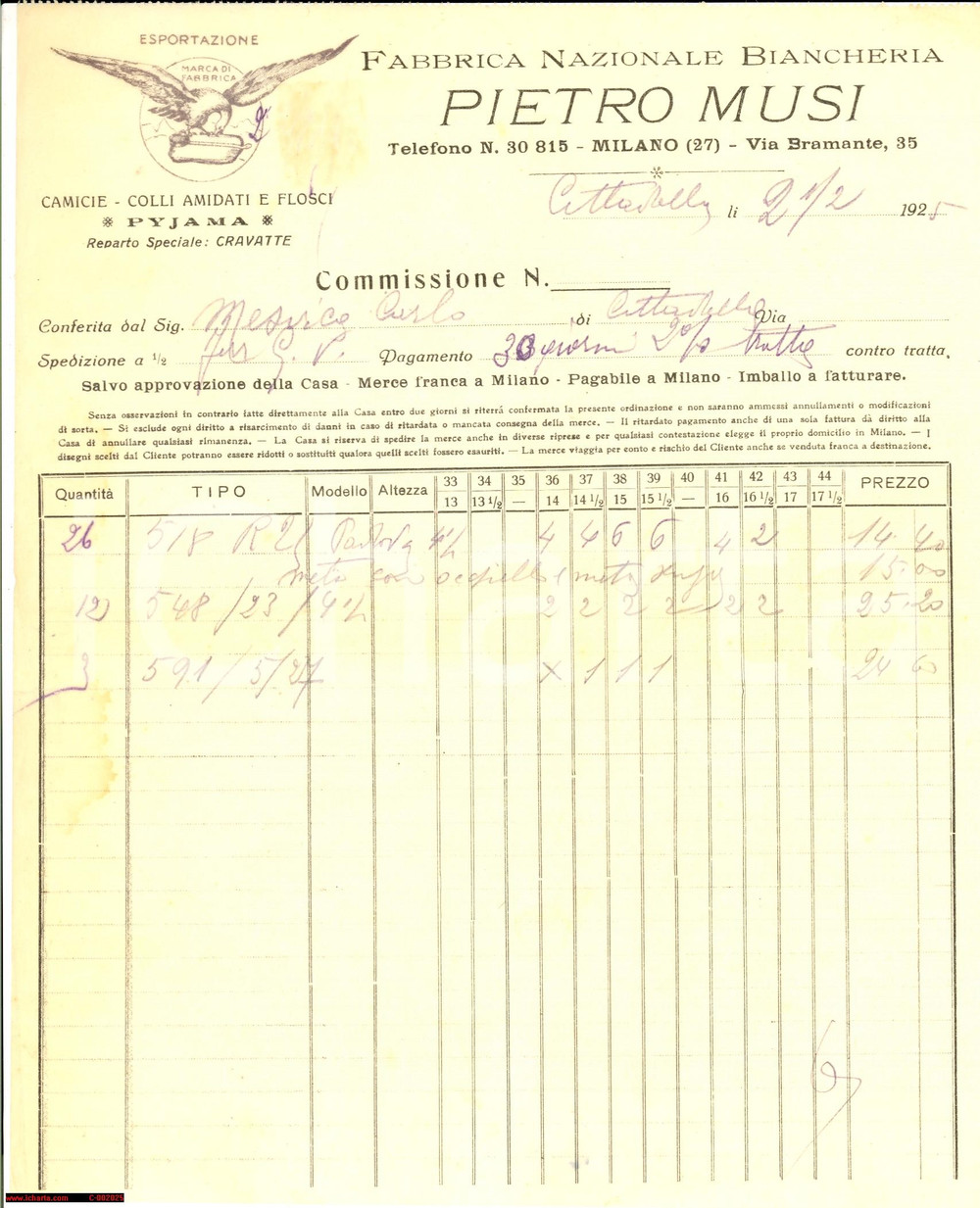 Documento originale, autentico 1925 MILANO Fabbrica Nazionale Biancheria PIETRO MUSI  Commissione 1