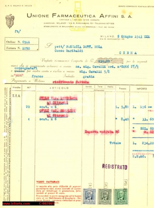 Documento originale, autentico 1943 MILANO Unione Farmaceutica Affini SA  Fattura ovuli vaginali 1