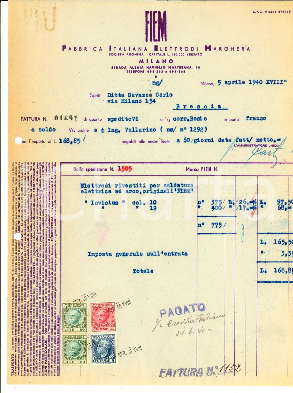 Documento originale, autentico 1940 MILANO FIEM Fabbrica Italiana Elettrodi Marghera *Fattura intestata 1