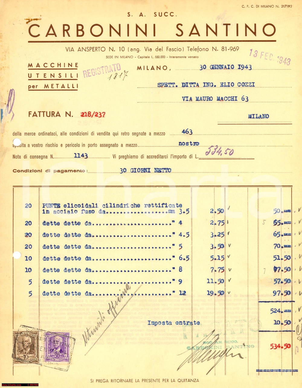 Documento originale, autentico 1943 MILANO via Ansperto  Ditta Santino CARBONINI  Fattura punte elicoidali 1