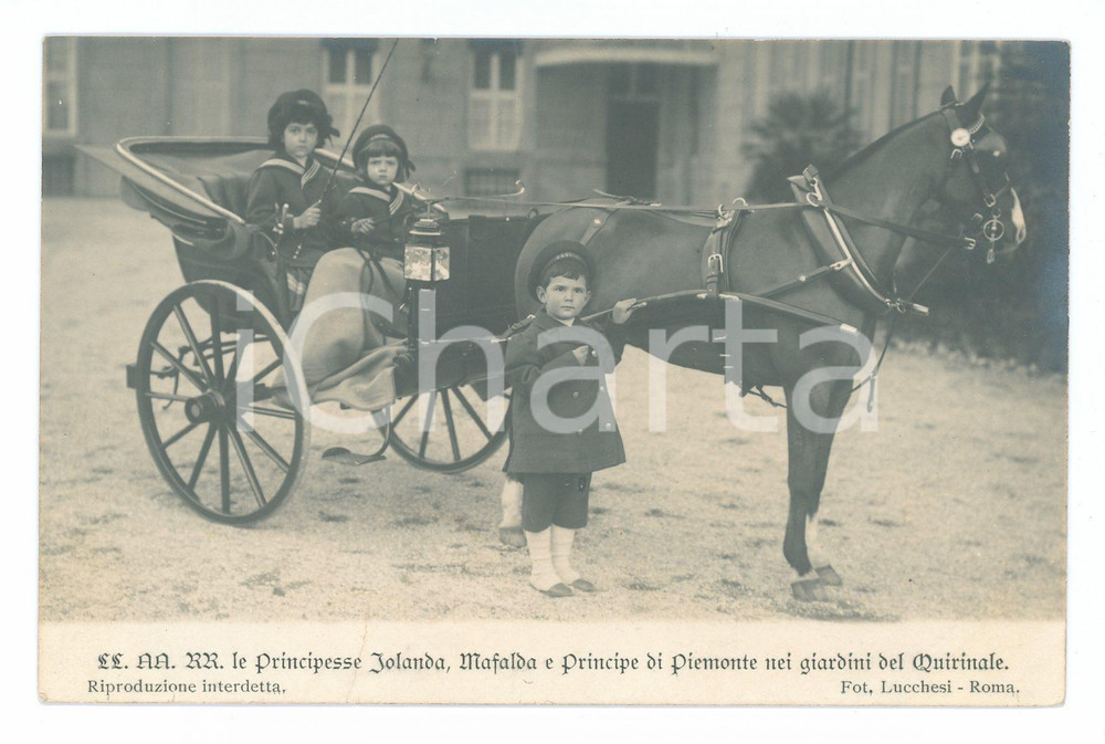 Cartolina originale da collezione 1907 Mafalda, Iolanda e Umberto di SAVOIA bambini con calesse *Cartolina 1