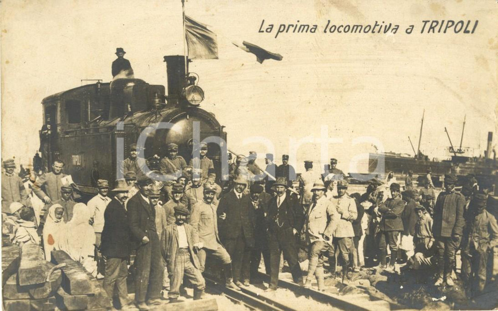 Cartolina originale da collezione 1912 TRIPOLI La prima locomotiva - Cartolina animata FP 1