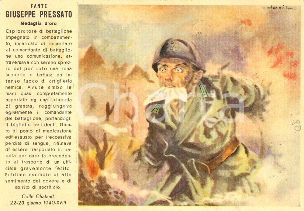 Cartolina originale da collezione 1940 Fante Giuseppe PRESSATO Medaglia d'oro *Cartolina DE VITA franchigia 1