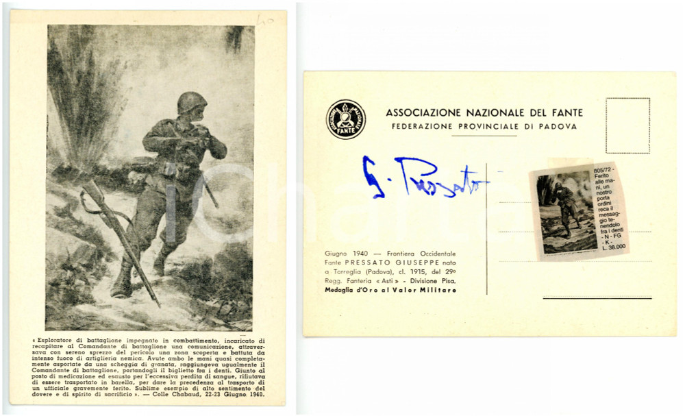 Autografo originale 1940 PADOVA Fante Giuseppe PRESSATO medaglia al valore *Cartolina con AUTOGRAFO 1