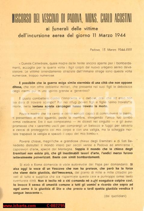 Oggetto da collezione cartaceo 1944 PADOVA Discorso mons. AGOSTINI ai funerali vittime bombardamenti *Volantino 1