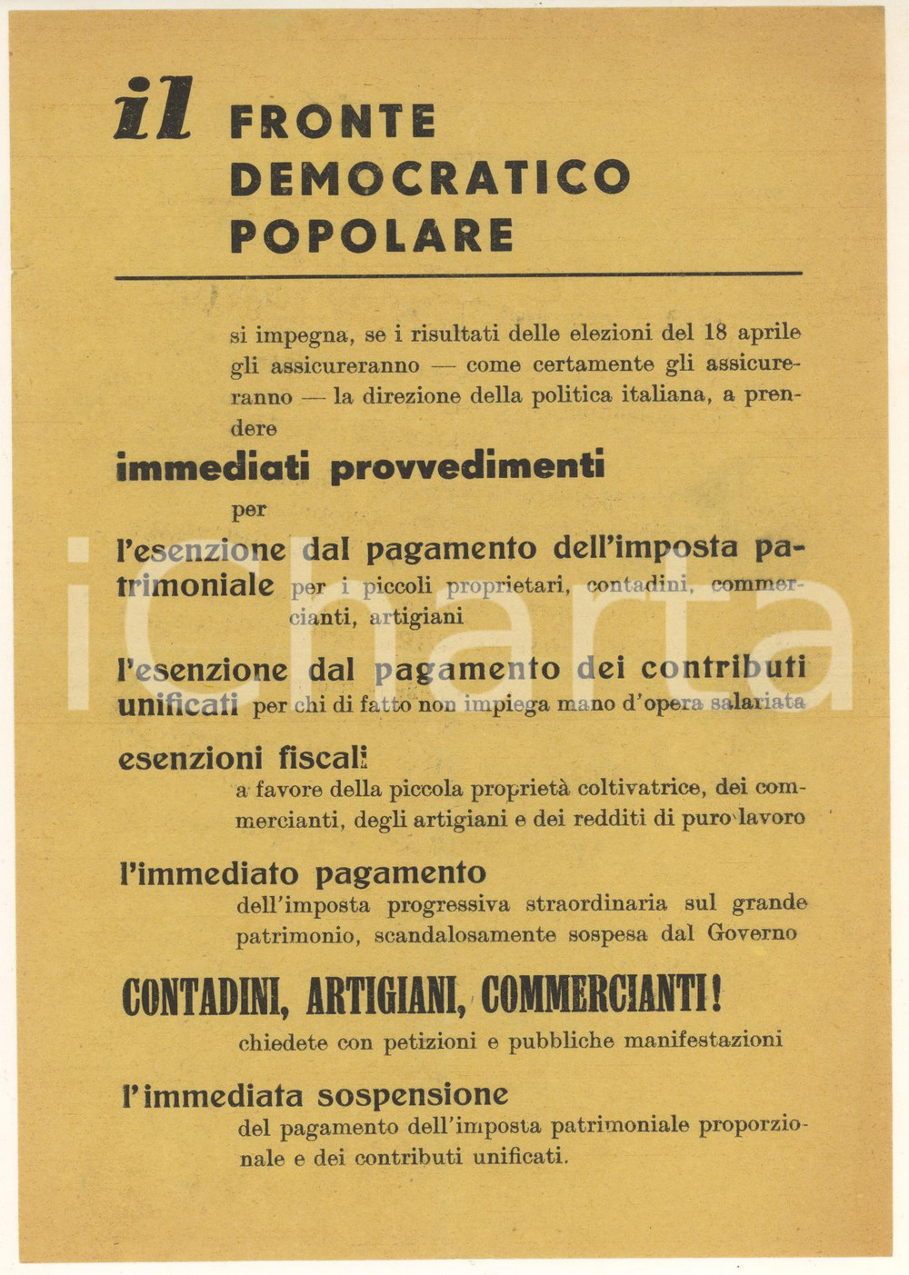 Materiale pubblicitario d’epoca 1948 Propaganda FRONTE DEMOCRATICO POPOLARE - Volantino provvedimenti 1