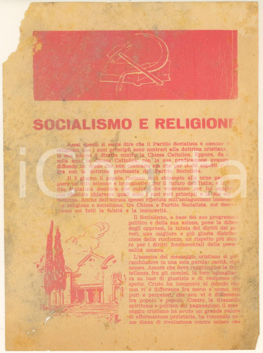 Oggetto da collezione cartaceo ELEZIONI 1946 Socialismo e religione *Volantino PROPAGANDA PSI DANNEGGIATO 1