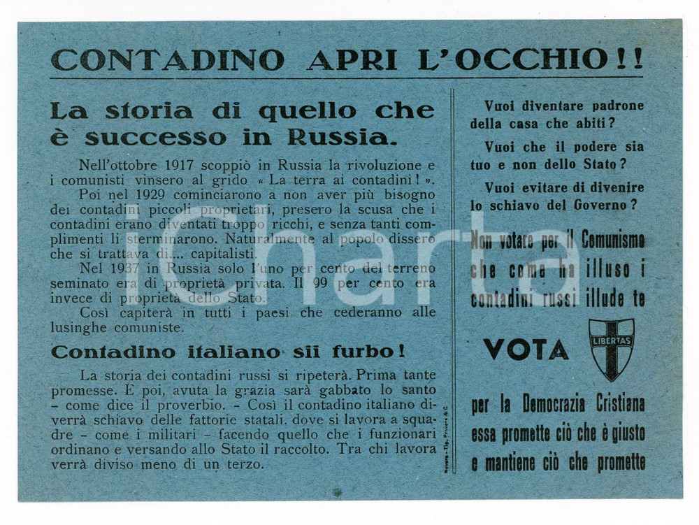 Oggetto da collezione cartaceo ELEZIONI 1948 - PROPAGANDA DC - Contadino apri l'occhio !! *Volantino blu 1