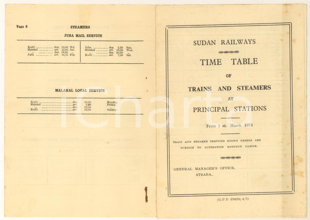 Materiale pubblicitario d’epoca 1973 SUDAN RAILWAYS Timetable - Pieghevole orari ferrovie *RARISSIMO 1