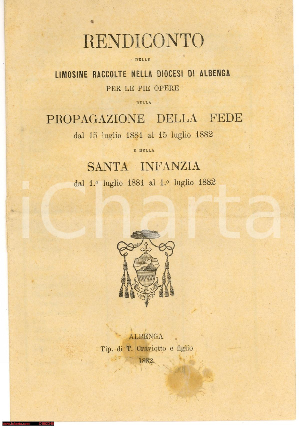 Libro, pubblicazione d'epoca 1882 ALBENGA Rendiconto limosine raccolte per opere fede e santa infanzia 1
