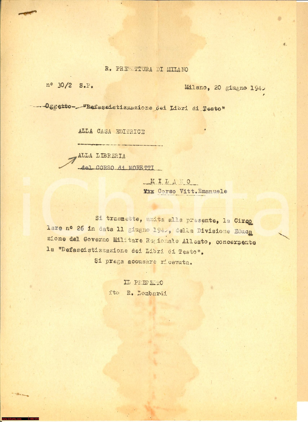 Documento originale, autentico 1945 MILANO Libreria del Corso  Defascistizzazione libri di testo Lettera 1