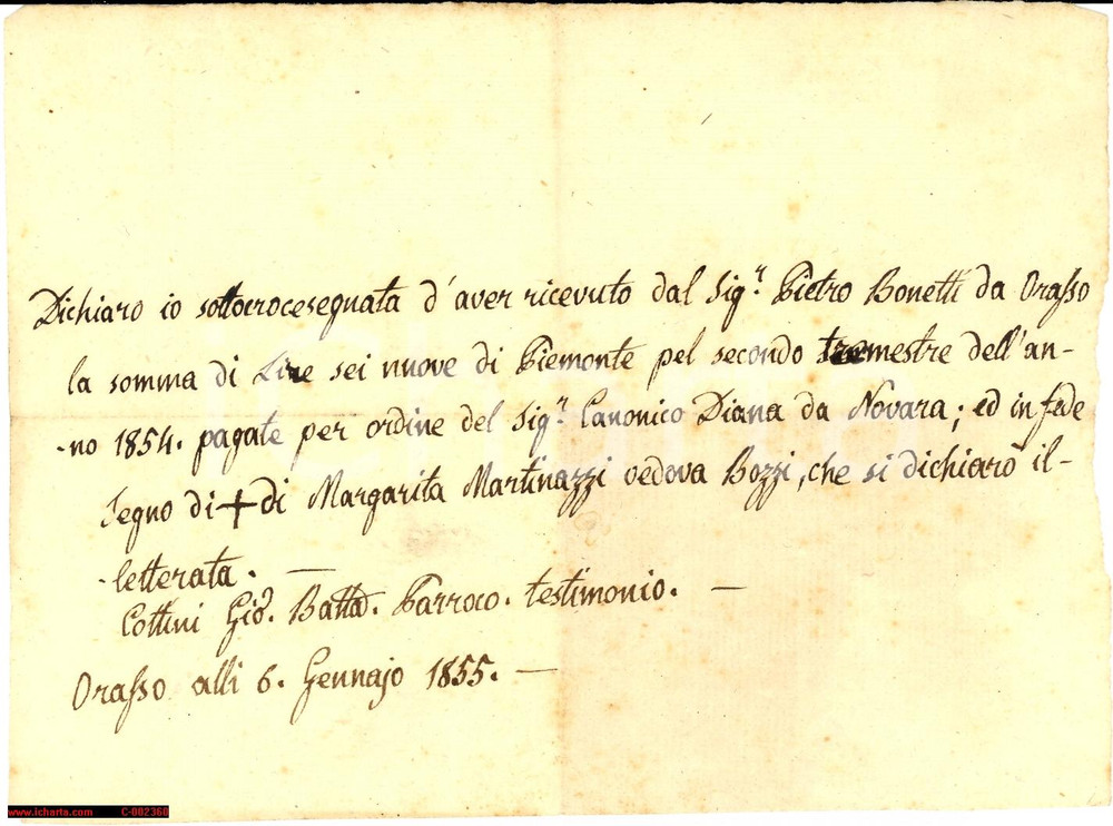 Documento originale, autentico 1855 CURSOLO ORASSO VB Ricevuta per servigi al clero vedova MARTINAZZI 1