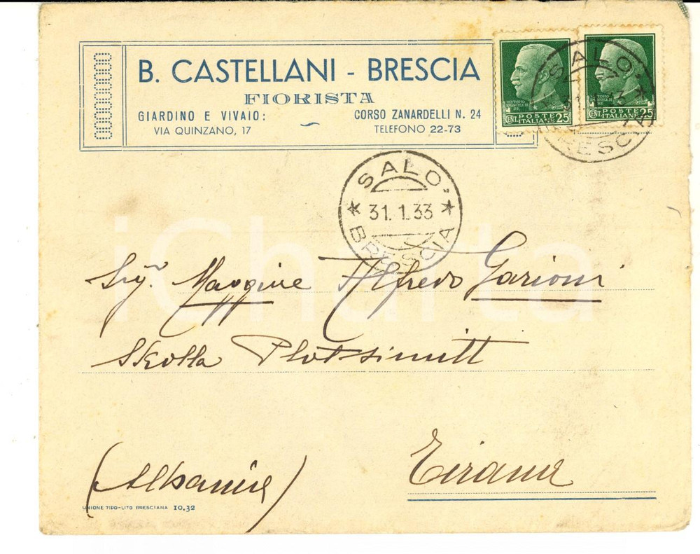 Manoscritto, lettera originale 1933 STORIA POSTALE BRESCIA Fiorista B. CASTELLANI *Busta SALO' per TIRANA 1