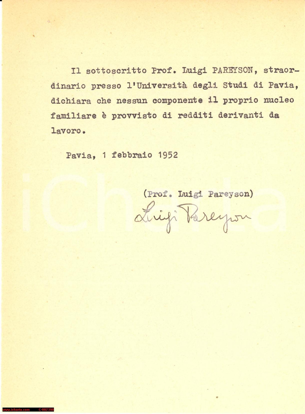 Autografo originale 1952 UniversitÃ  di PAVIA  Autografo Luigi PAREYSON  Lettera 1