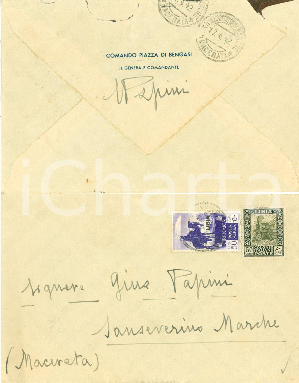 Autografo originale 1942 BENGASI (LIBIA) Autografo Generale Erberto PAPINI - Busta 1