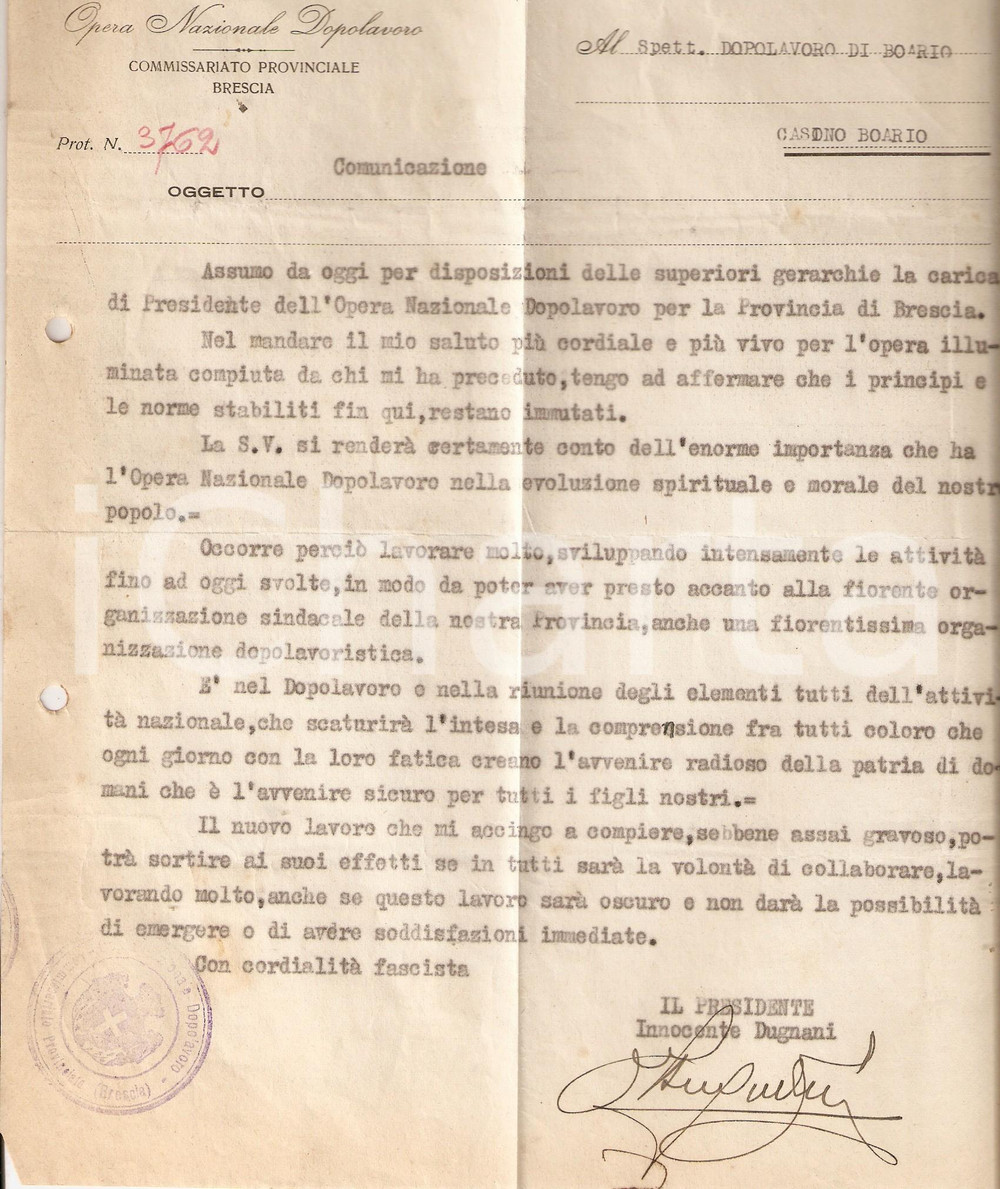 Documento originale, autentico 1927 OND BOARIO TERME BS Saluto Innocenzo DUGNANI nuovo presidente 1