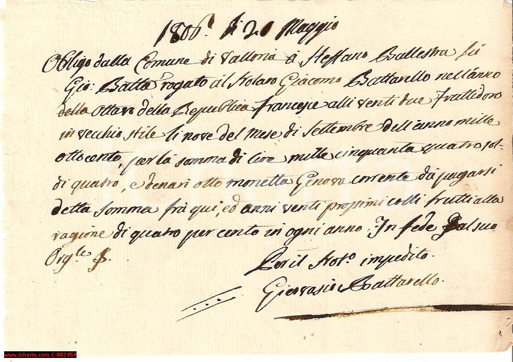 Documento originale, autentico 1806 VALLORIA (IM) Obbligo di pagamento pro Stefano Balestra *Manoscritto 1